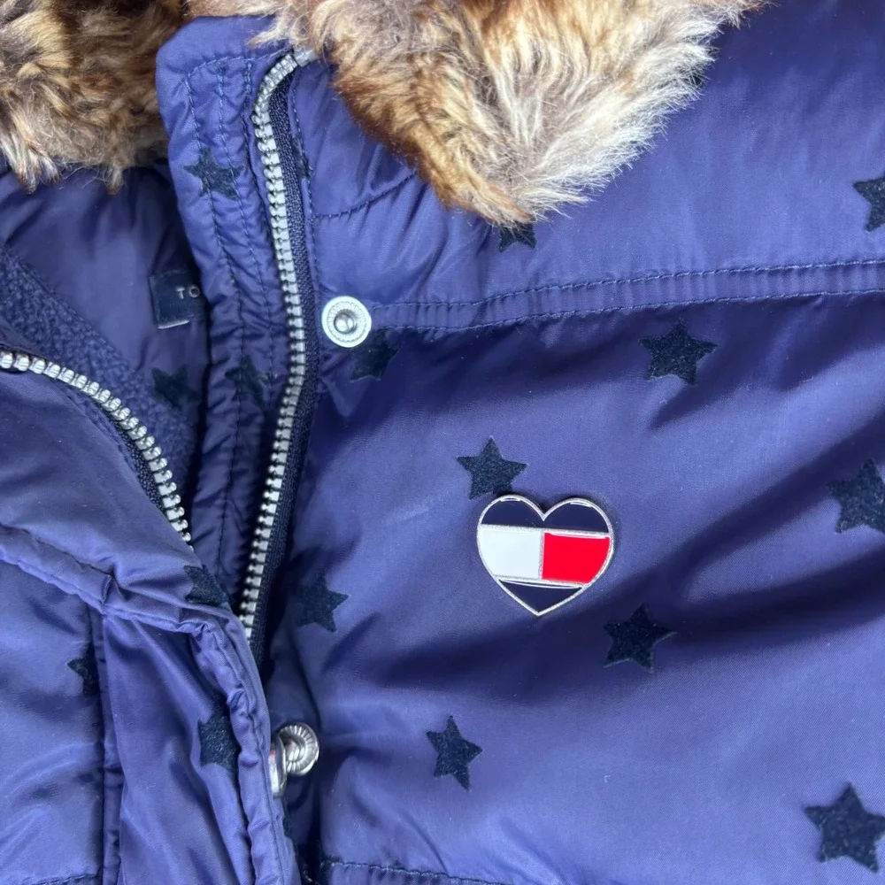 Tommy Hilfiger Puffer Jacket Girls M 8-10 Navy Blue Star Down Feather Faux Fur